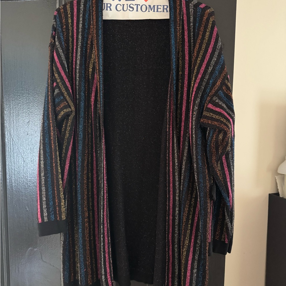 PAS POUR TOI Black and Metallic Multi-color Stripe Cardigan Sweater